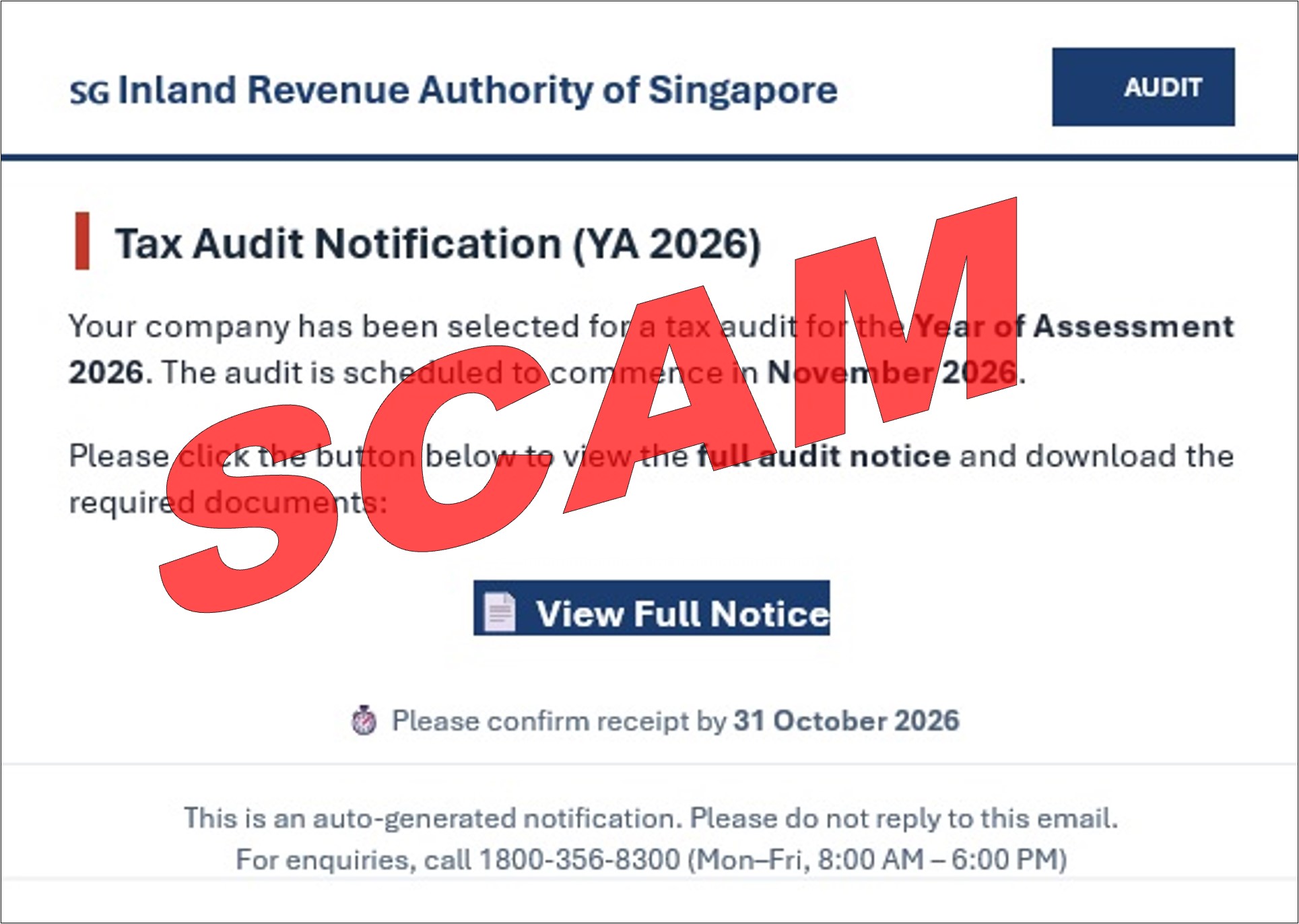 Screenshot of Tax Audit Notification (YA 2026) email scam_3 Sep 2026