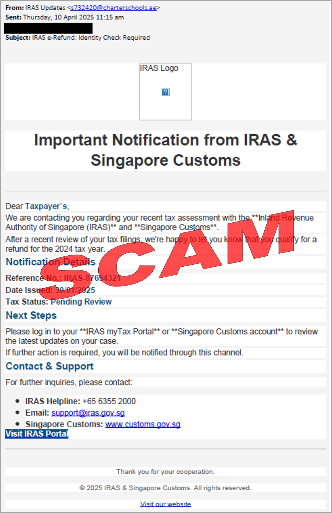 Screenshot of scam email on tax refund review (IRAS and Customs)