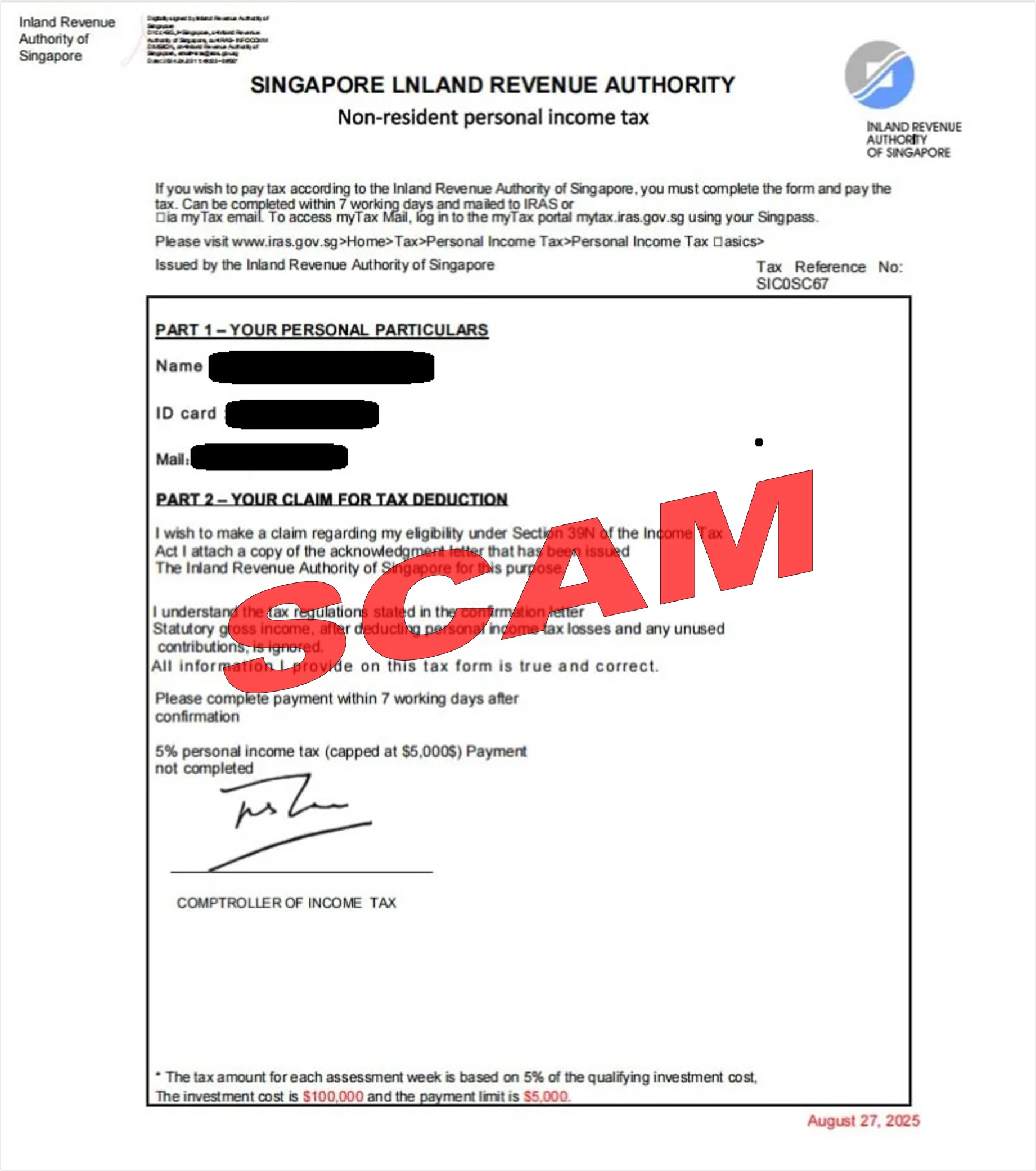 Screenshot of scam tax payment letter