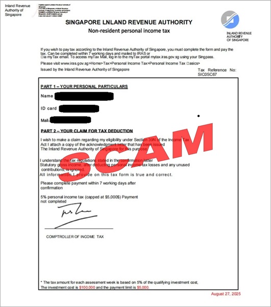 Screenshot of tax payment scam_18Sep2025 Screenshot of scam tax payment letter