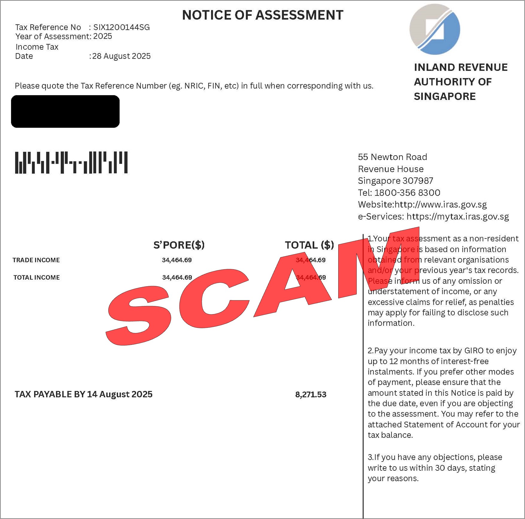 Screenshot on Scam Income Tax Bill YA 2025