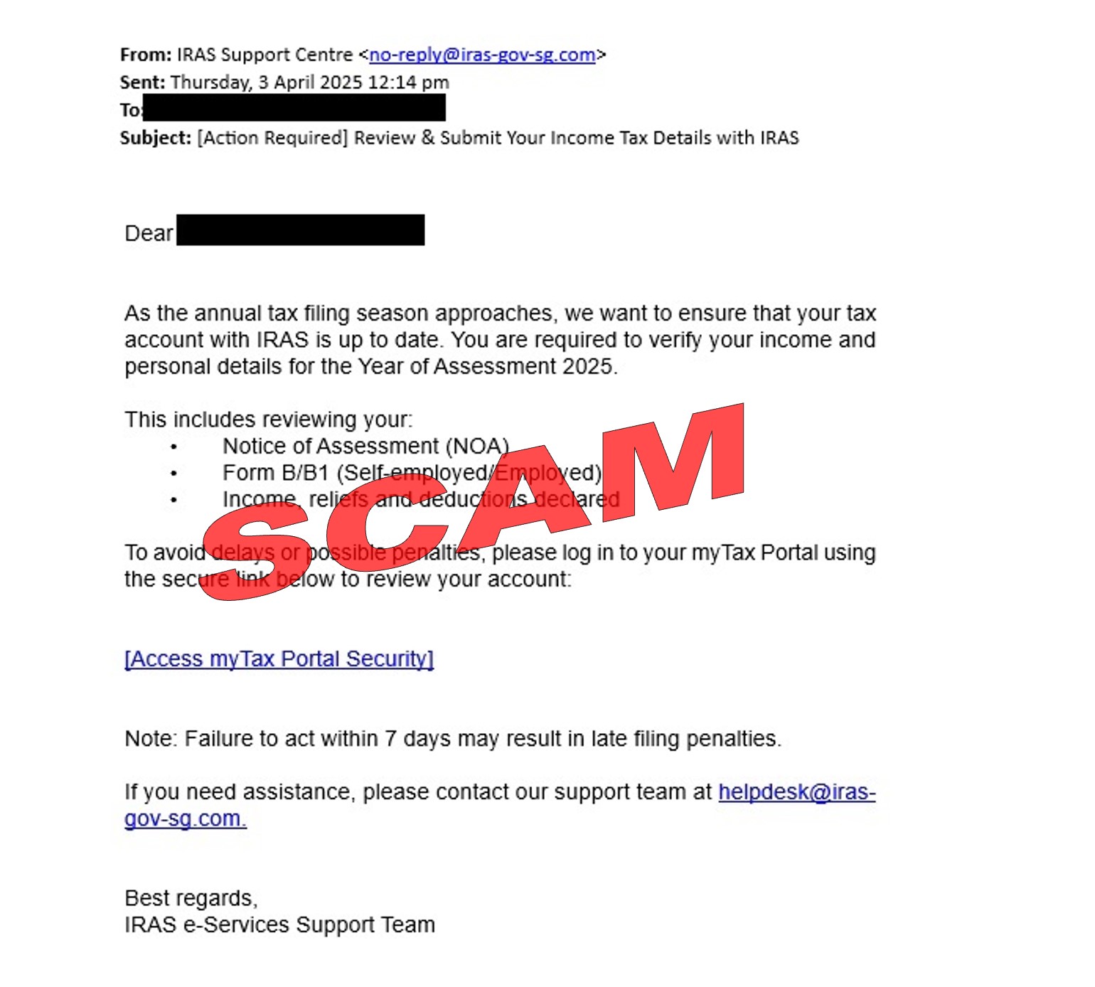 Screenshot of Scam Email_Review & Submit Your Income Tax Details with IRAS