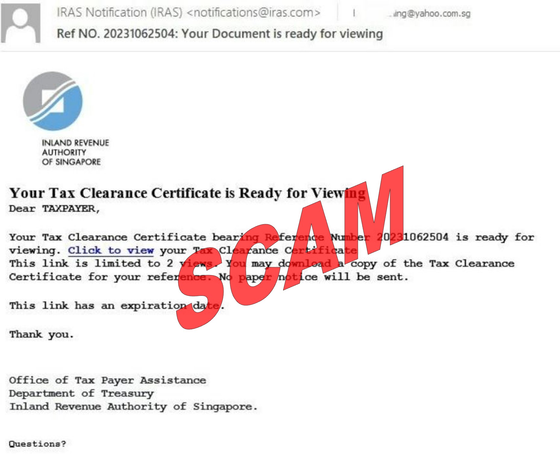 Screenshot of scam phishing email reporting on tax clearance
