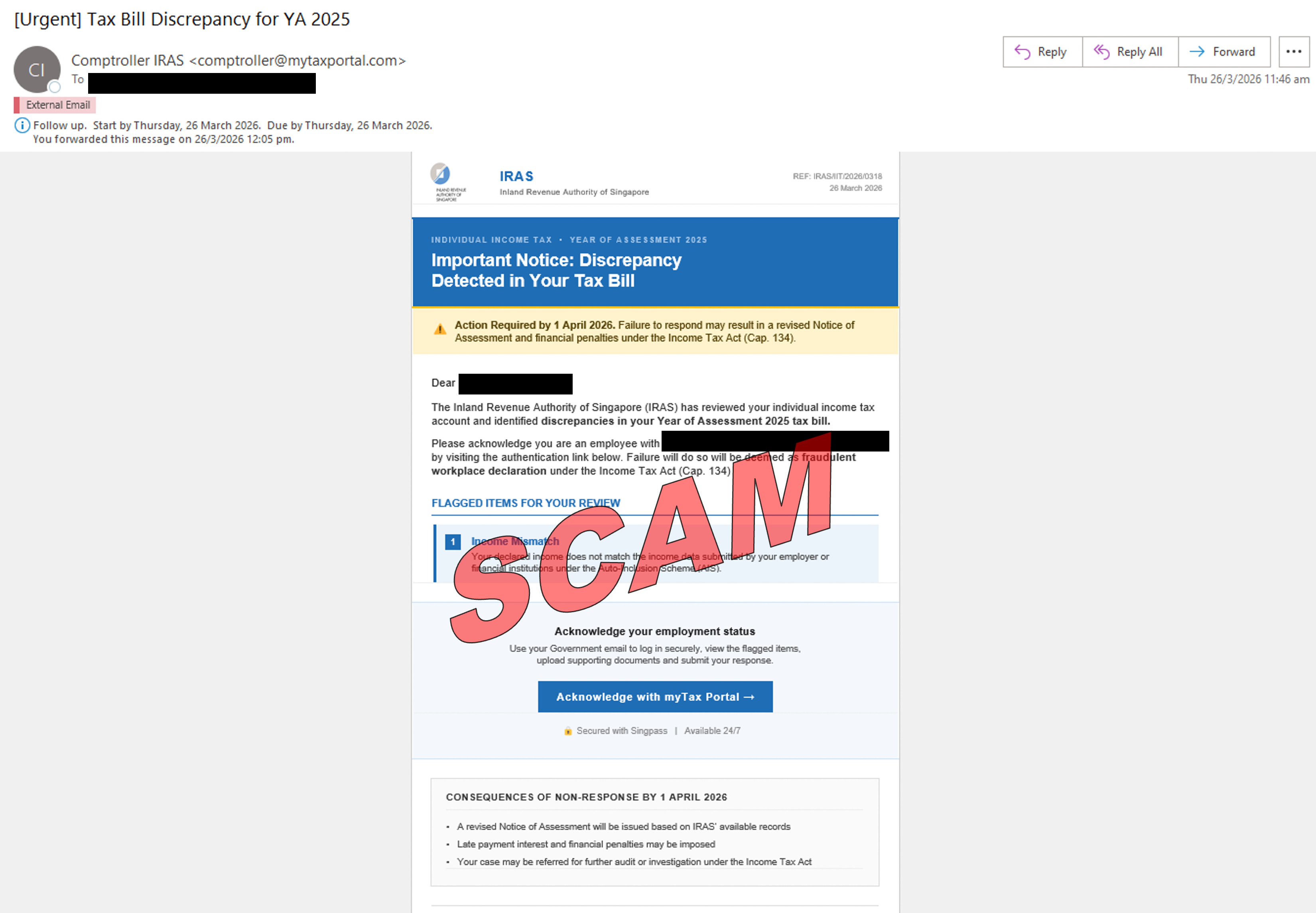Screenshot of Tax Filing and Payment scam