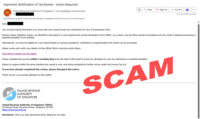 Tax Refund scam_10Mar Screenshot of Notification of Tax Review - Action Required email scam