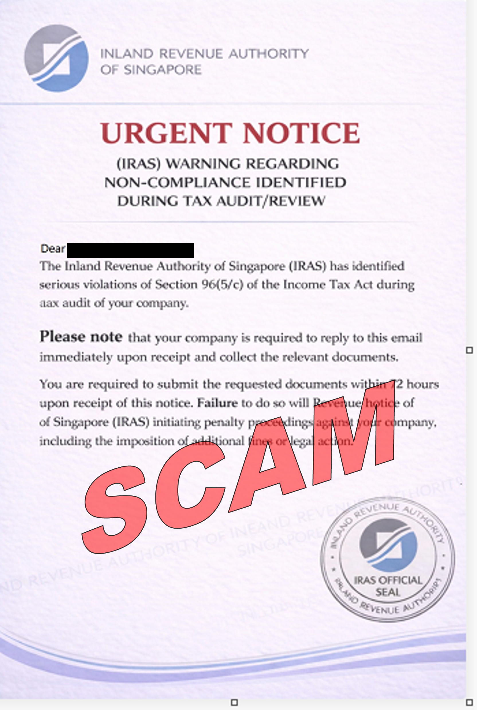 Screenshot of scam notice