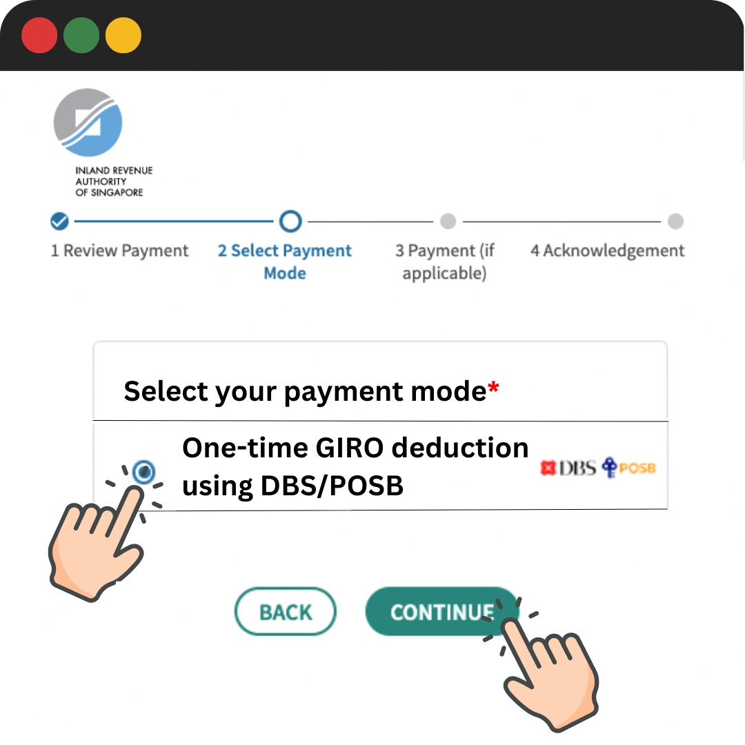 Payment mode selection page with One-time GIRO deduction using DBS/POSB option