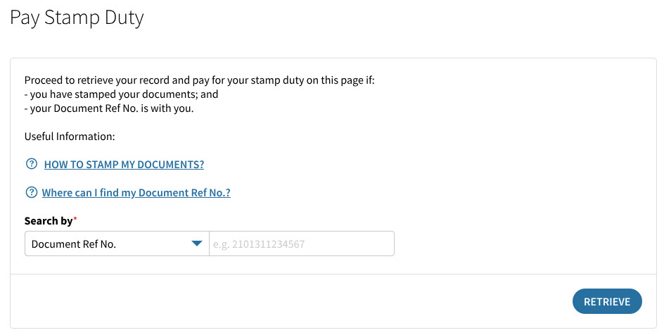 Form for entering document reference number to retrieve submitted stamp duty record for payment