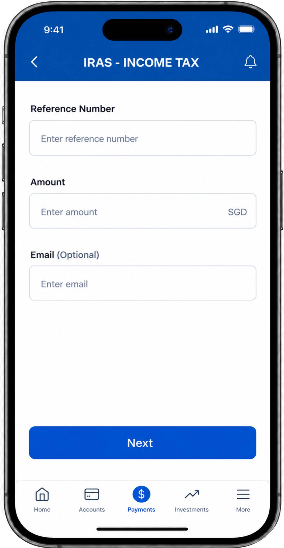 Screen to enter reference number and payment amount for Individual Income Tax