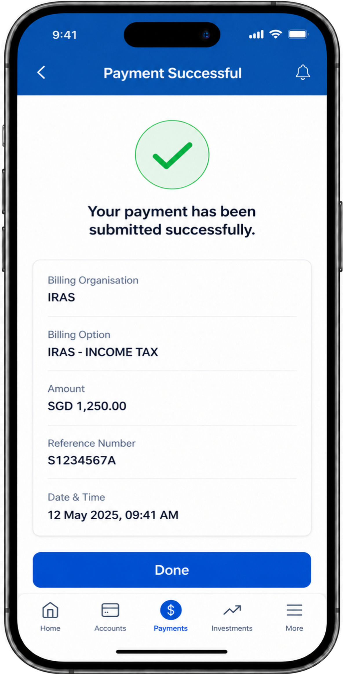 Confirmation screen showing payment successful with billing organisation, billing option, reference number, payment amount, and datetimestamp for Individual Income Tax