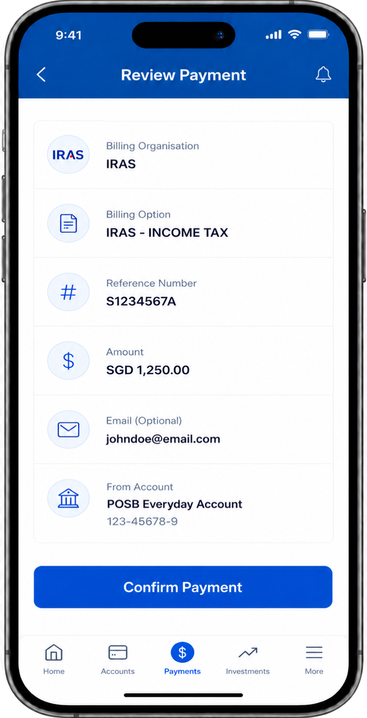 Review screen showing billing organisation, billing option, reference number, payment amount, email (optional) and bank account details before confirmation for Individual Income Tax