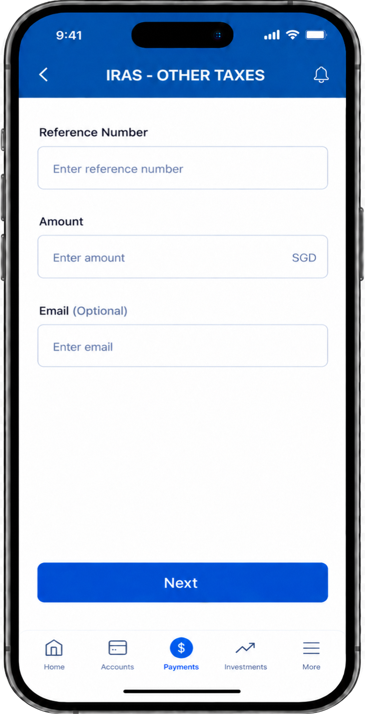 Screen to enter reference number and payment amount for Other Taxes
