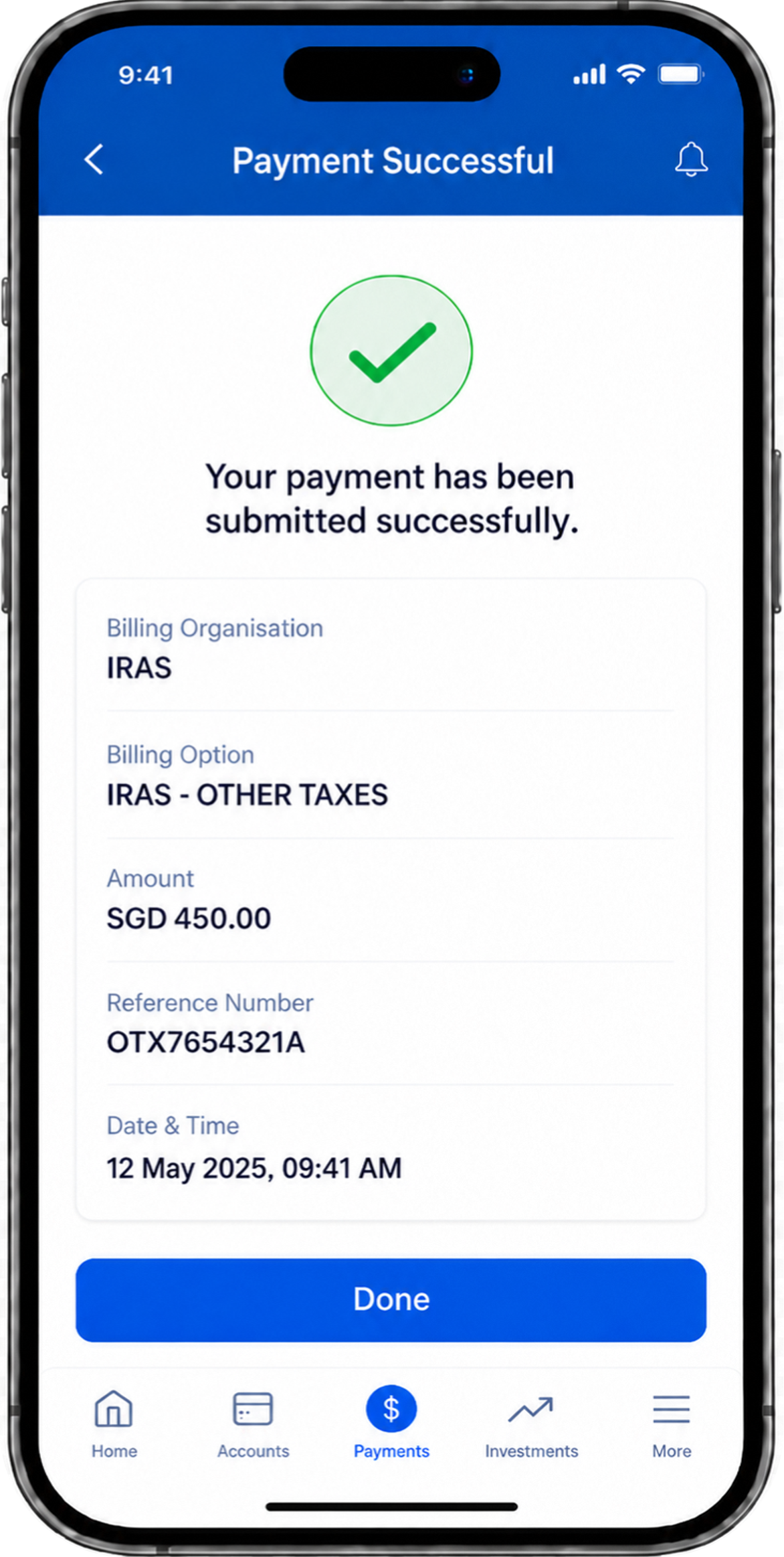 Confirmation screen showing payment successful with billing organisation, billing option, reference number, payment amount, and datetimestamp for Other Taxes