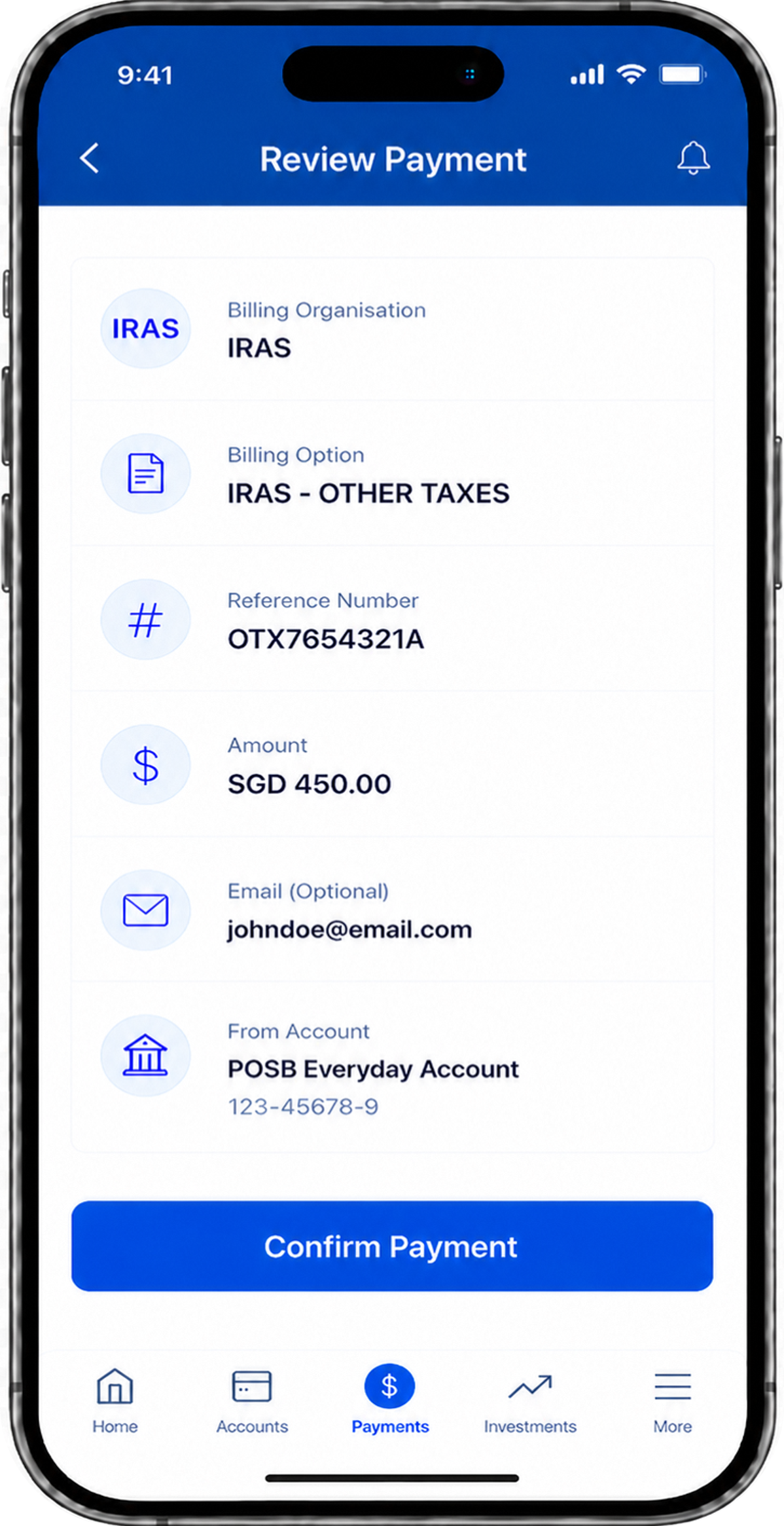 Review screen showing billing organisation, billing option, reference number, payment amount, email (optional) and bank account details before confirmation for Other Taxes