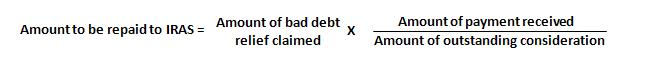 Amount of payment received over amount of outstanding consideration, multiplied by amount of bad debt relief claimed. Amount of payment received over amount of outstanding consideration, multiplied by amount of bad debt relief claimed