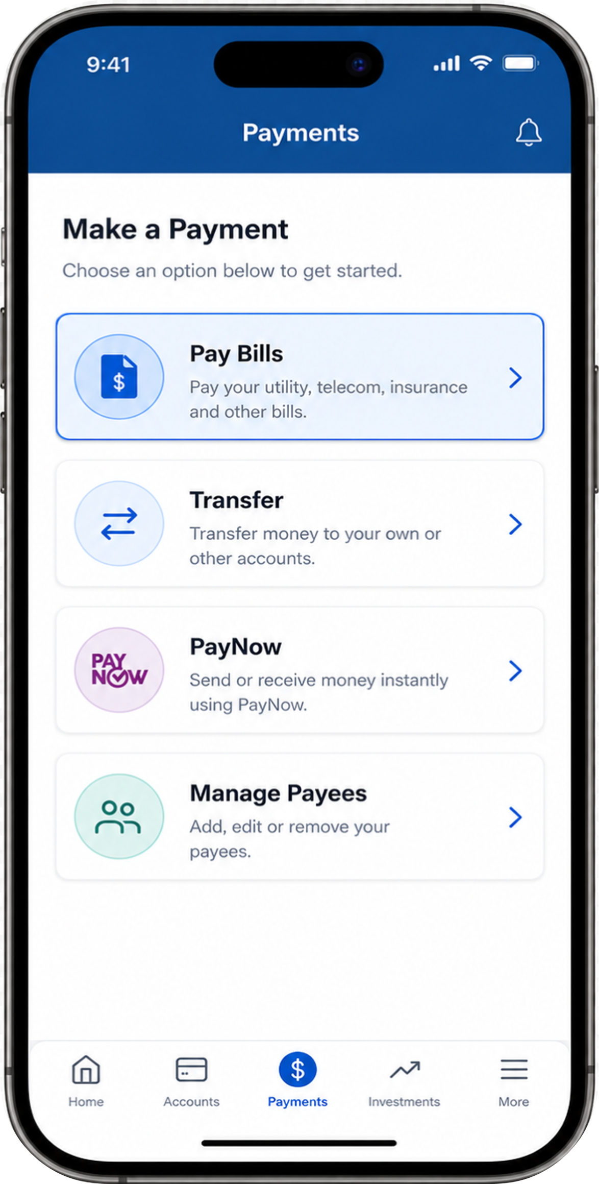 Payments screen with “Pay Bills” option highlighted