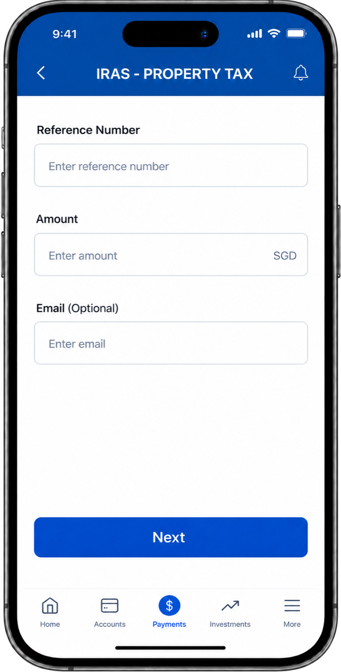 Screen to enter reference number and payment amount for Property Tax