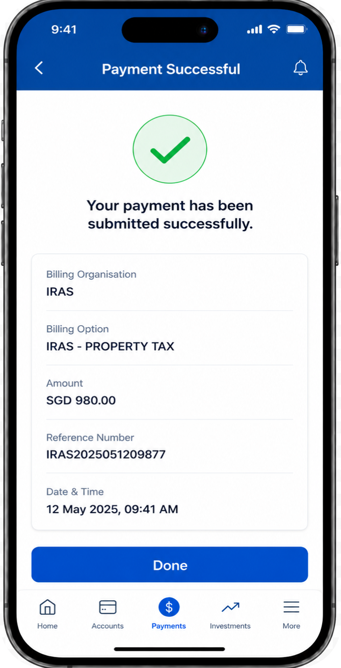 Confirmation screen showing payment successful with billing organisation, billing option, reference number, payment amount, and datetimestamp for Property Tax