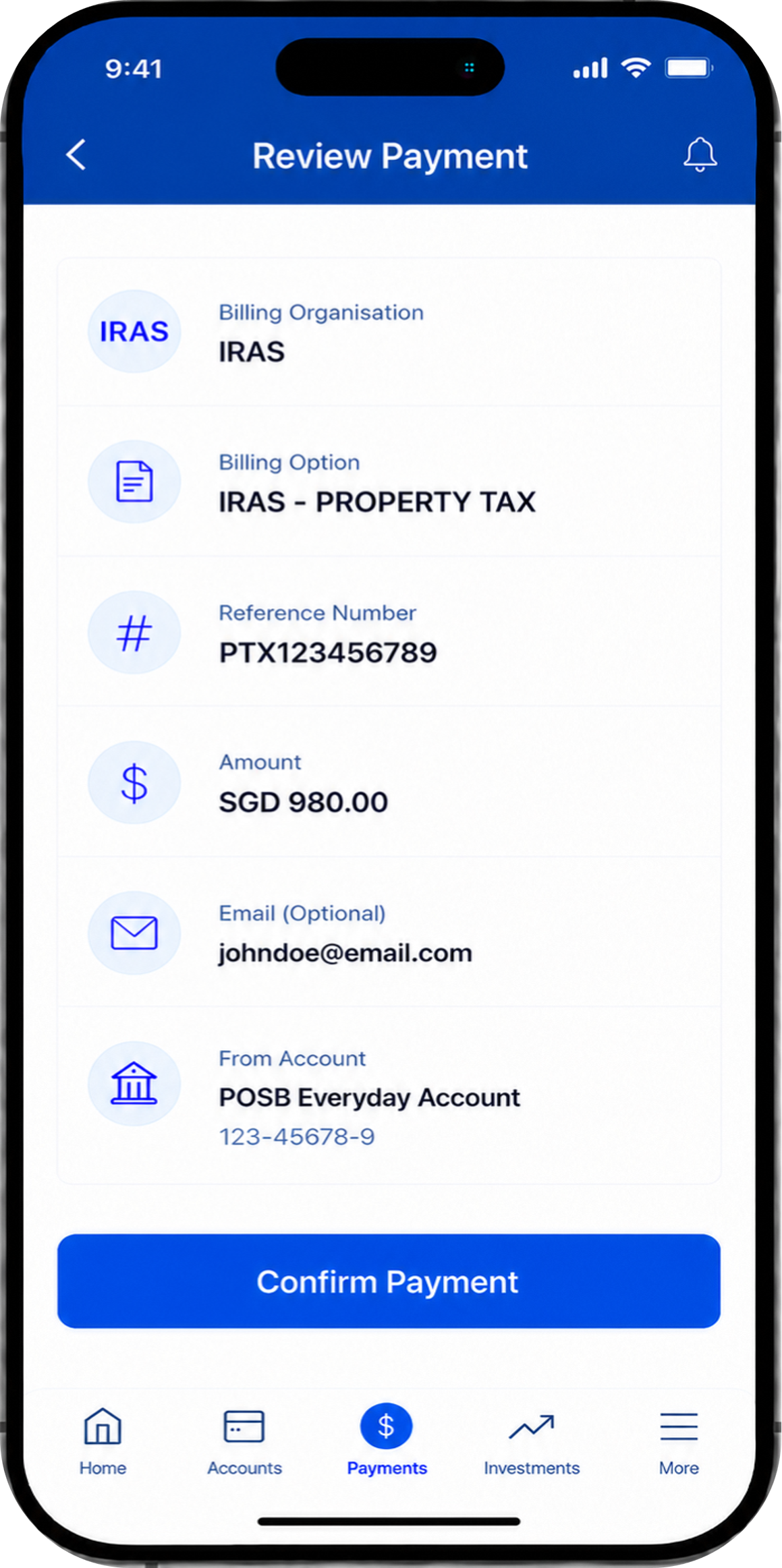 Review screen showing billing organisation, billing option, reference number, payment amount, email (optional) and bank account details before confirmation for Property Tax