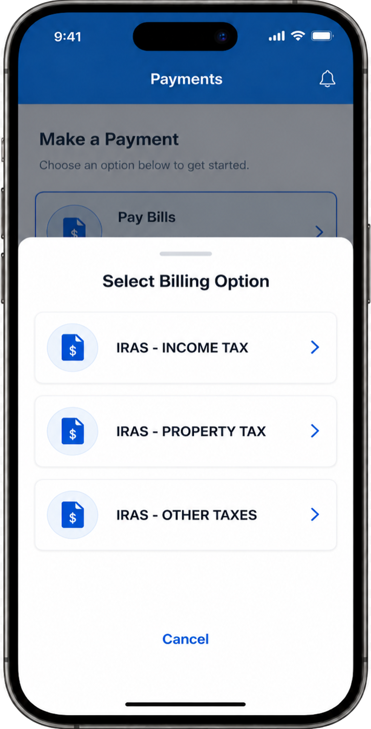 Select Billing Option page showing billing options: IRAS - INCOME TAX, IRAS - PROPERTY TAX, and IRAS - OTHER TAXES