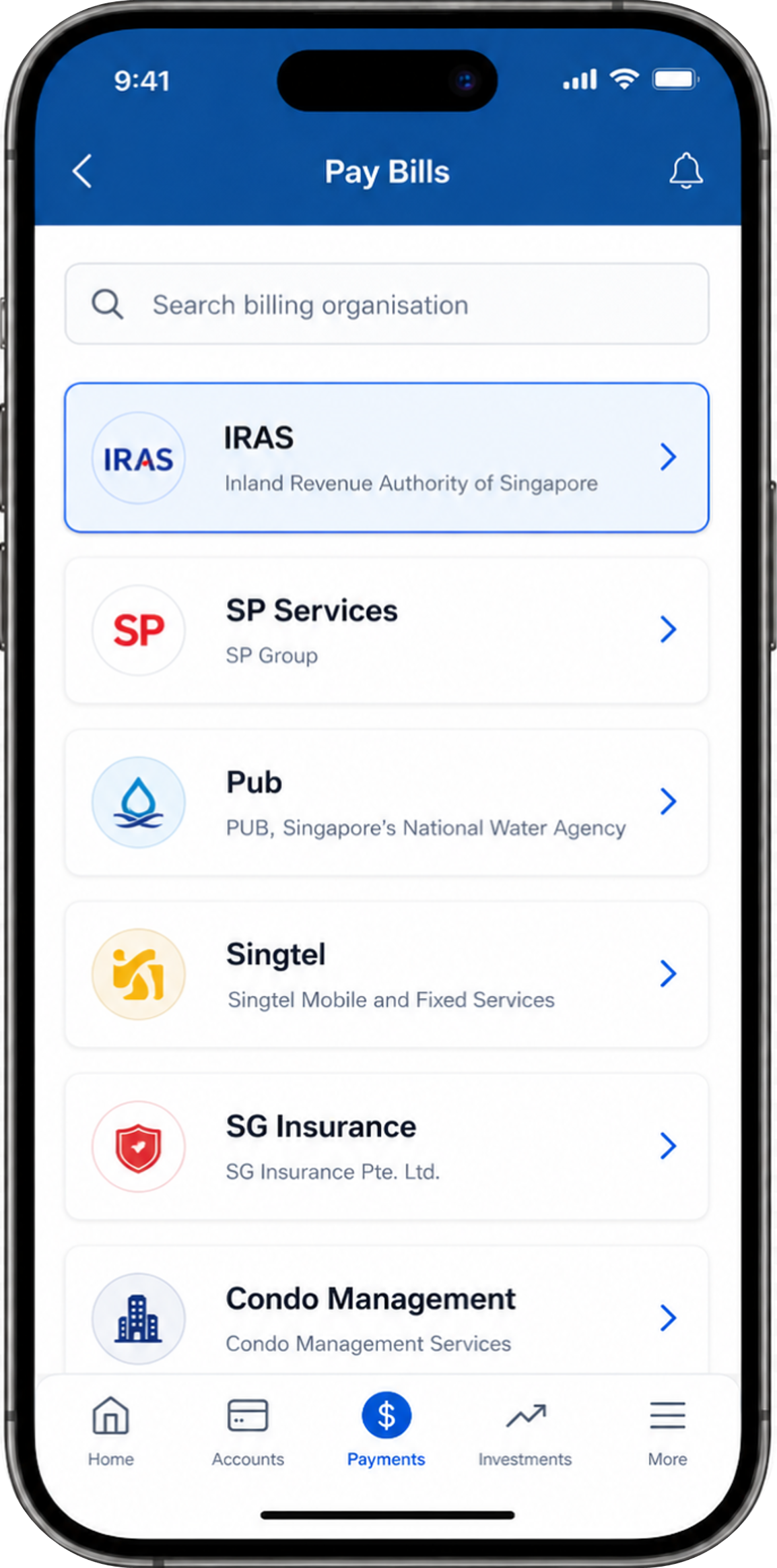 Payee selection screen with “IRAS” selected as the billing organisation