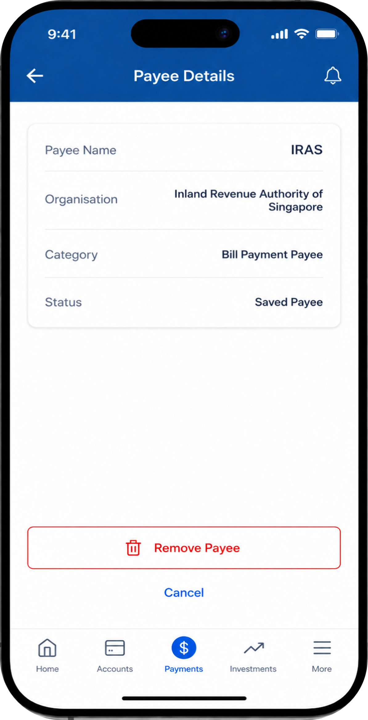 Payee details screen with option to remove IRAS as saved payee