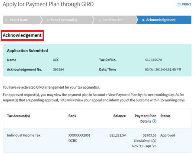 Apply for payment plan acknowledgement page