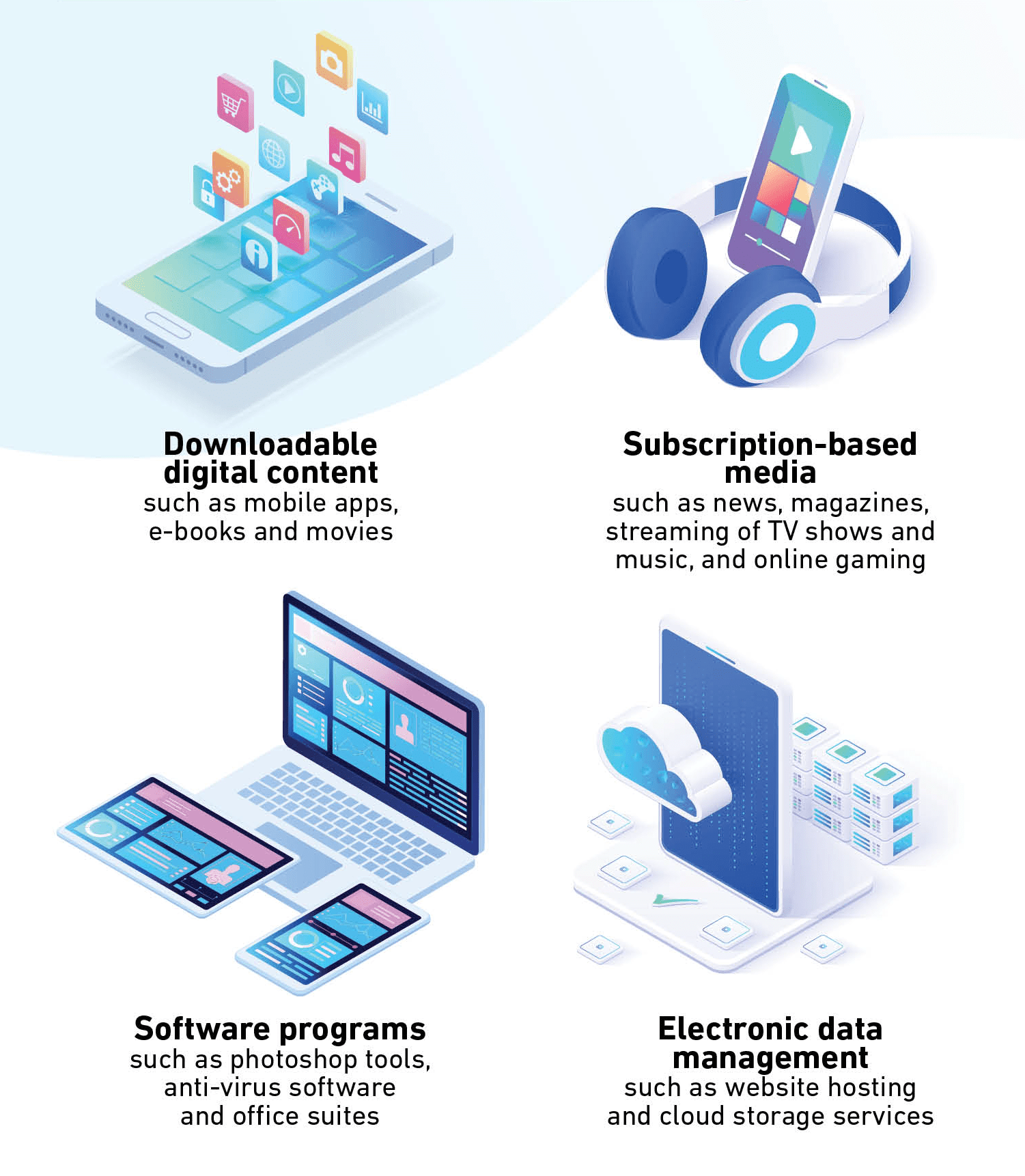Examples include downloadable digital content, subscription-based media, software programs and electronic data management
