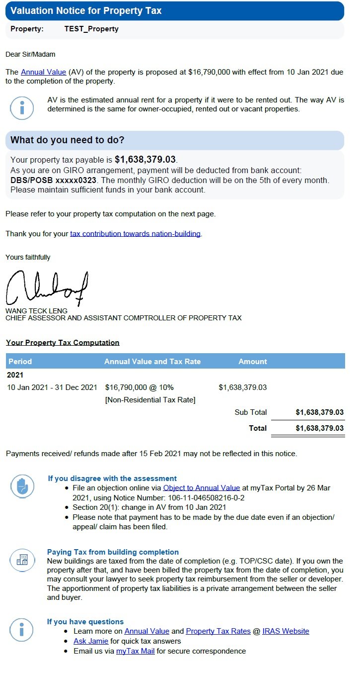 Valuation Notice for Property Tax