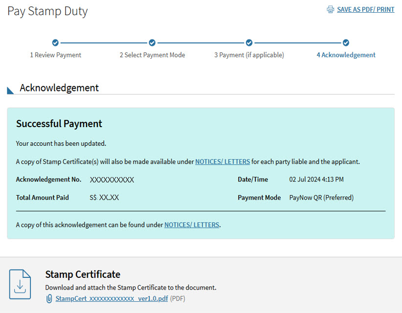 Successful Payment acknowledgement page at myTax Portal, showing stamp certificate download function